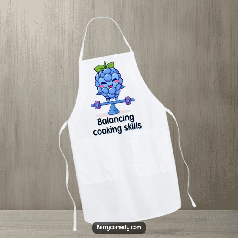 Funny apron depicting a smiling blue raspberry character with a mischievous wink, comically balancing on a teeter-totter while cooking.