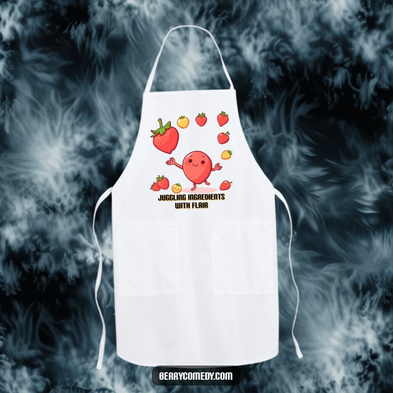 Funny apron showcasing a happy strawberry character juggling tiny fruits, perfect for adding humor to kitchen duties.