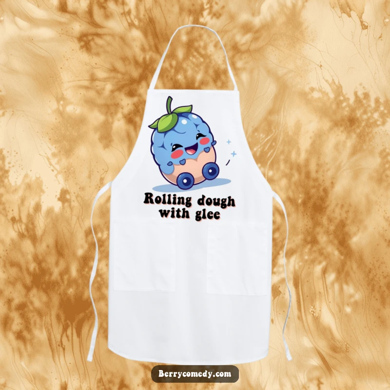 Funny apron showing a happy blueberry character rolling downhill with mischievous eyes, perfect for adding fun while cooking.