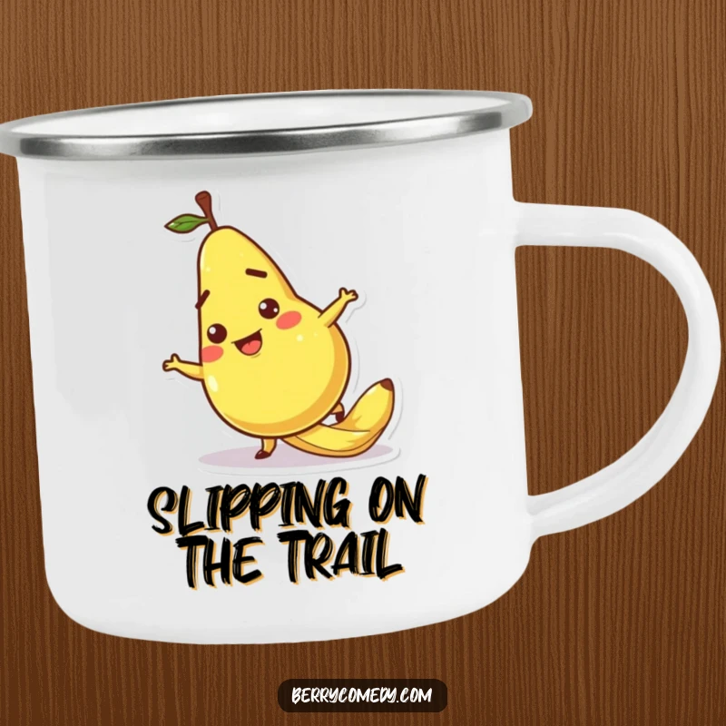 Funny camping mug with a pear character comically slipping on a banana peel, ready for outdoor fun with a cartoonish expression.