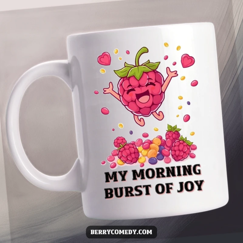 Funny mug featuring a delighted raspberry character leaping high, showering vibrant seeds, symbolizing explosive joy and playful energy.