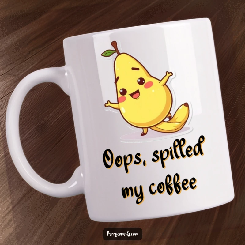 Funny mug featuring a goofy pear character comically slipping on a banana peel, its expression pure cartoonish surprise and mishap.