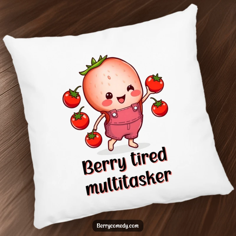 Funny pillow design of a cheerful strawberry slice in tiny overalls, happily juggling cherry tomatoes, bringing a touch of humor to any room.