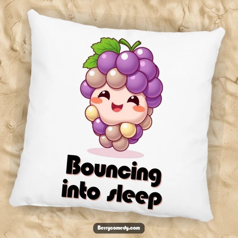 Funny pillow featuring a giggling grape cluster bouncing playfully, offering comfort with a dose of bubbly, infectious humor.