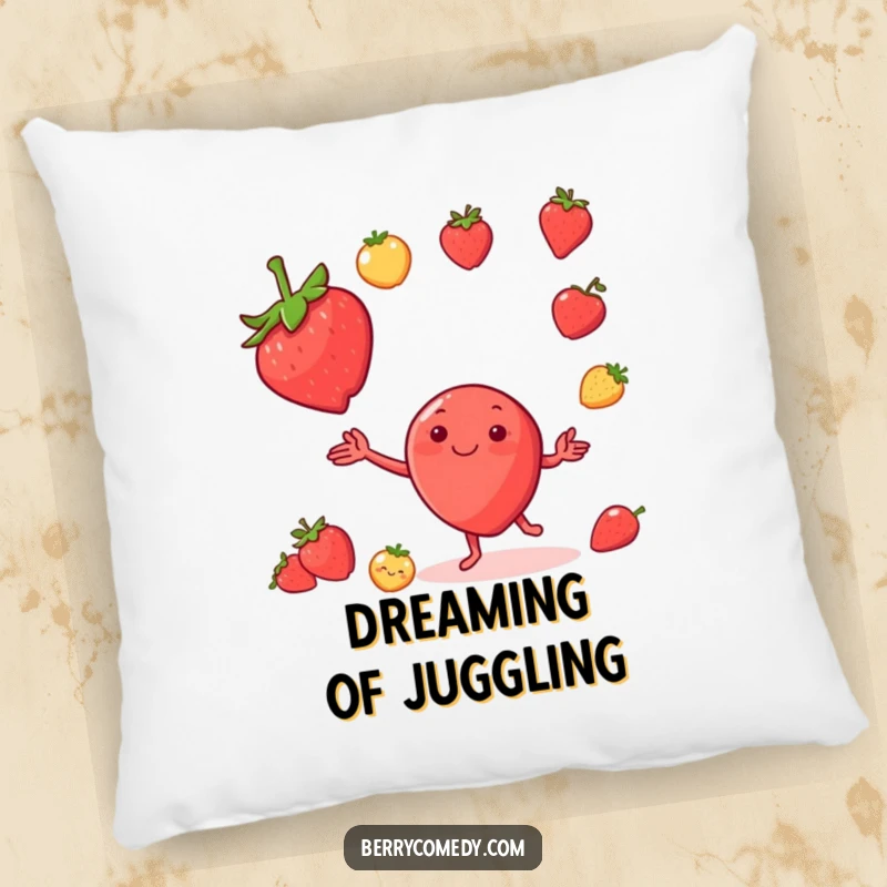 Funny pillow featuring a delighted strawberry character juggling miniature fruits, providing a soft and humorous decorative touch.