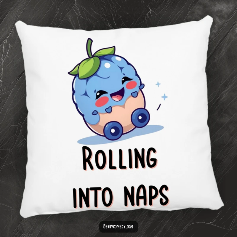 Funny pillow featuring a cheerful blueberry character rolling downhill with a spark of mischief, offering comfort and humor.