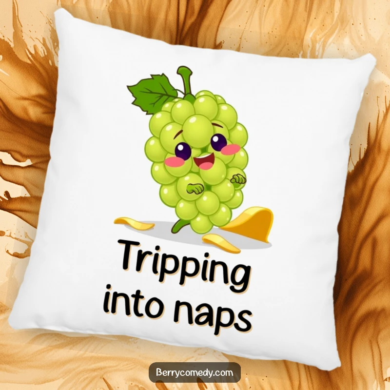 Funny pillow design of a jolly green grape character comically tripping over a banana peel, bringing slapstick humor to any room.