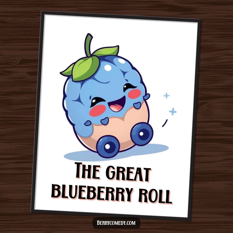 Funny digital artwork capturing a cheerful blueberry rolling downhill with a mischievous sparkle in its eyes, perfect for playful decor.