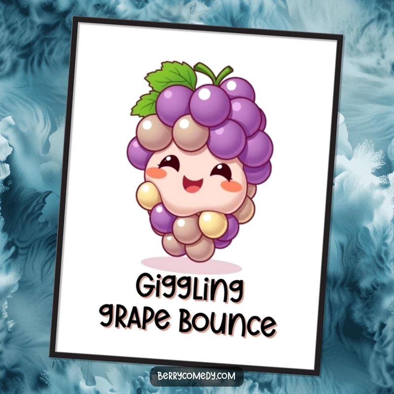 Funny digital artwork capturing a giggling grape cluster bouncing playfully, perfect for instant bubbly and cheerful decor.