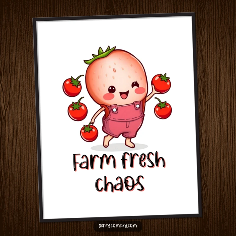 Funny digital art print of a cheerful strawberry slice in overalls, hilariously juggling cherry tomatoes, adding vibrant humor to any digital space.