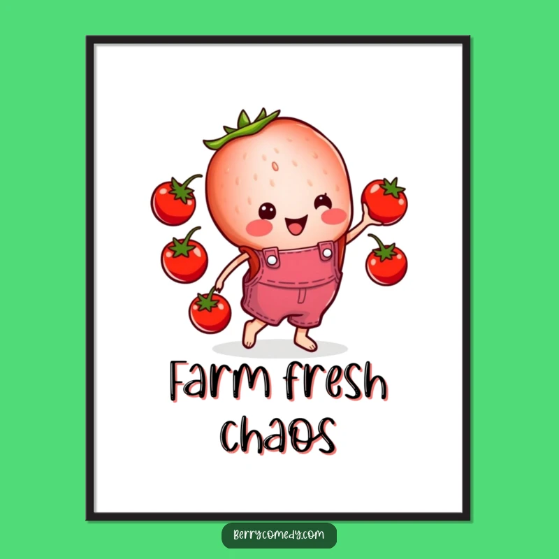 Funny Strawberry Juggling Tomatoes Digital Art: Cheerful Overalls Print, Gift!