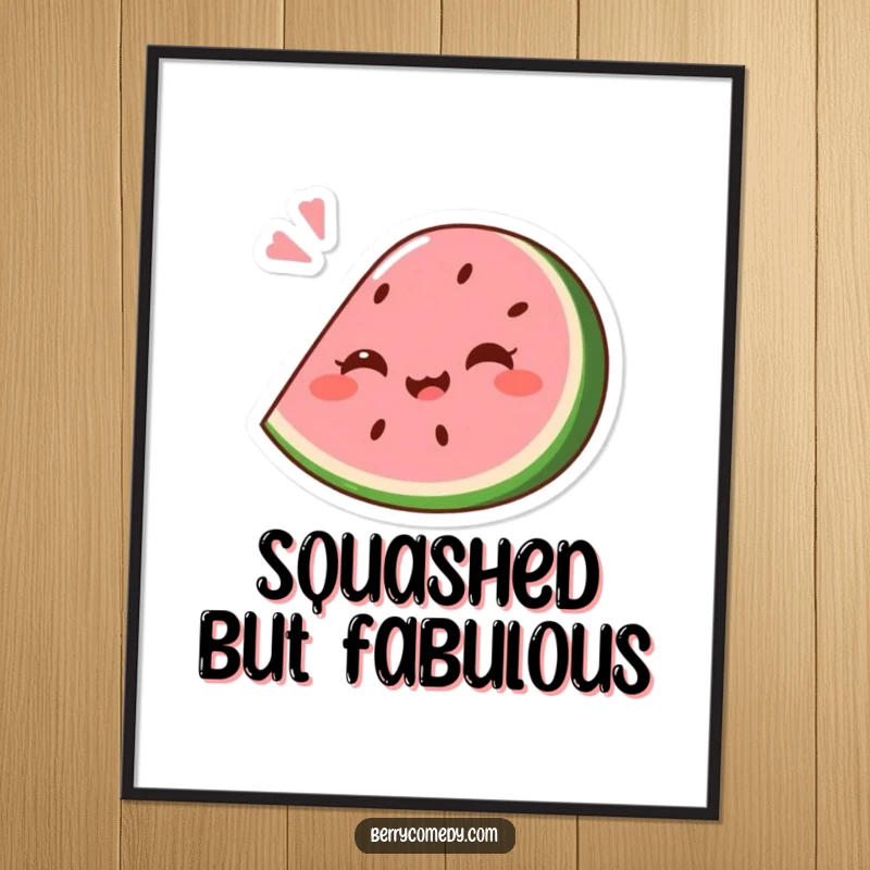 Funny digital art print of a giggling pink watermelon wedge comically squashed slightly under a playful bounce, bringing summer humor decor.