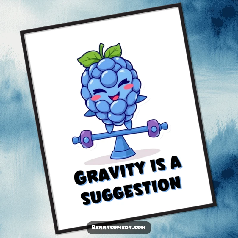 Funny digital art print of a smiling blue raspberry character, winking mischievously as it balances on a teeter-totter, adding playful humor.