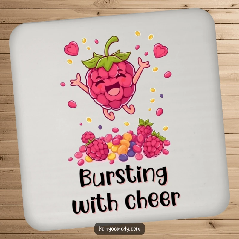 Funny drink coaster featuring a happy raspberry character leaping and showering seeds, protecting surfaces with vibrant, playful humor.