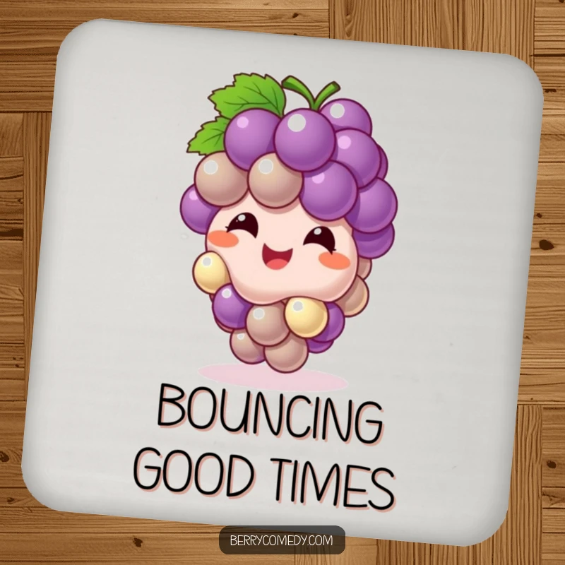 Funny drink coaster featuring a giggling grape cluster bouncing playfully, protecting surfaces with bubbly, infectious humor.