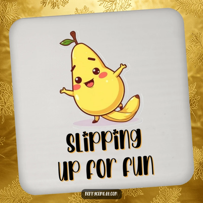 Funny drink coaster featuring a pear character comically slipping on a banana peel, protecting surfaces with cartoonish, slapstick humor.