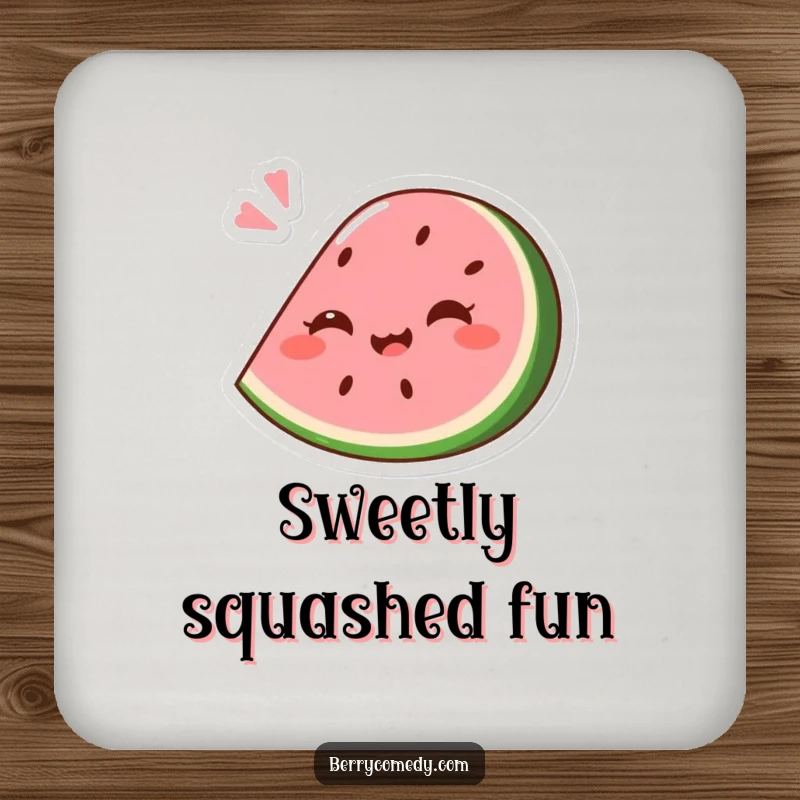 Funny drink coaster with a giggling pink watermelon wedge comically squashed slightly under a playful bounce, protecting surfaces with style.