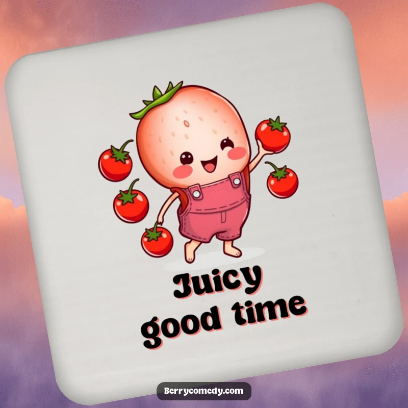 Funny drink coaster with a cheerful strawberry slice in overalls, happily juggling cherry tomatoes, protecting surfaces with style.