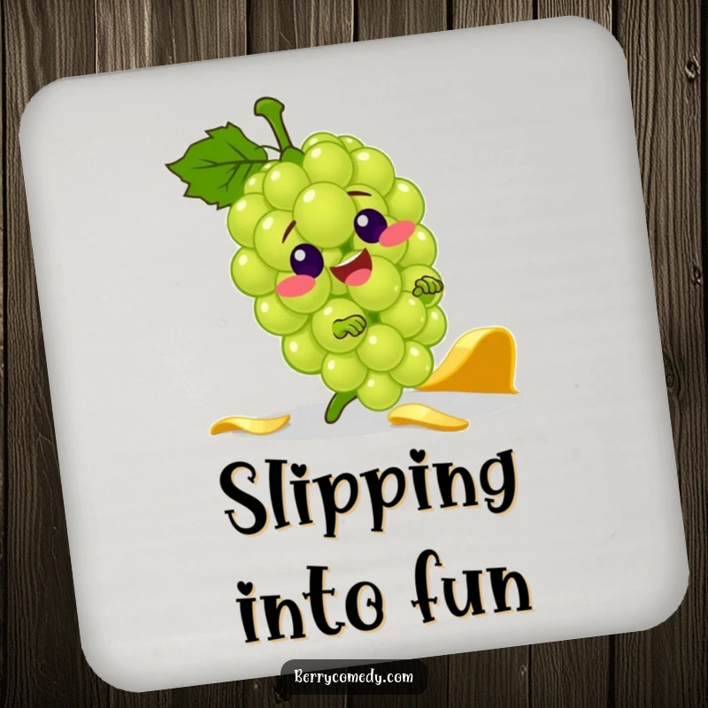 Funny drink coaster with a jolly green grape character comically tripping over a banana peel, protecting surfaces with style.