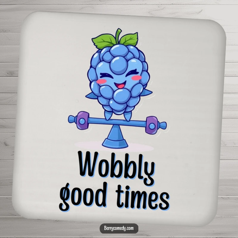 Funny drink coaster with a smiling blue raspberry character, winking mischievously while balancing on a teeter-totter, protecting surfaces with style.