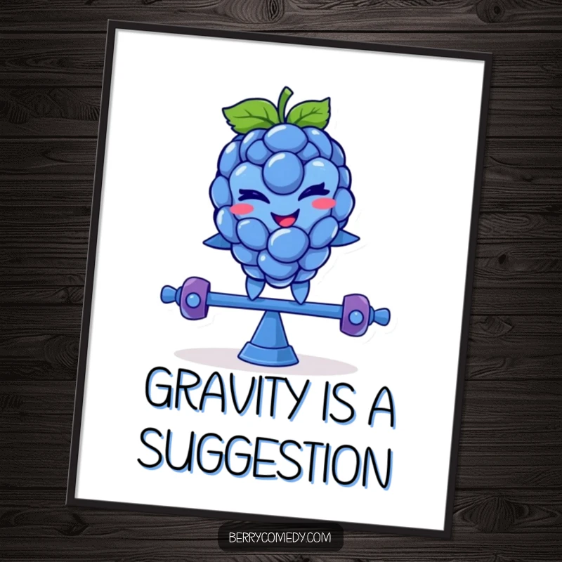 Funny poster showcasing a smiling blue raspberry character, winking mischievously as it balances on a teeter-totter, adding playful vibes.