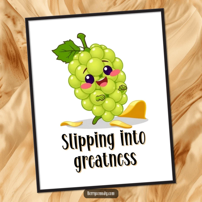 Funny poster showcasing a jolly green grape character comically tripping and falling over a banana peel, capturing a hilarious moment.