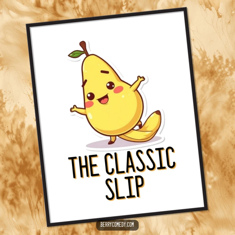 Funny poster depicting a pear character comically slipping on a banana peel, its cartoonish expression full of surprise and slapstick.