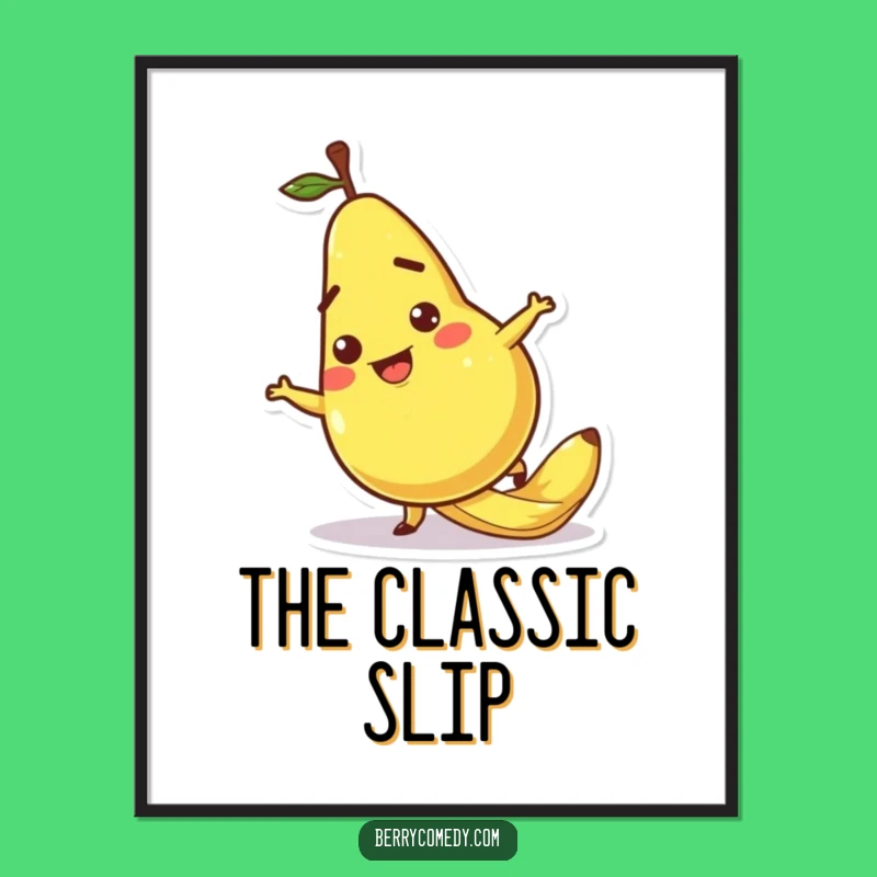 Funny Pear Slipping Banana Peel Poster: Cartoonish and Hilarious Wall Art Gift
