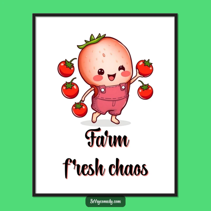 Funny Strawberry Juggling Tomatoes Poster: Cheerful Overalls Art, Great Gift!
