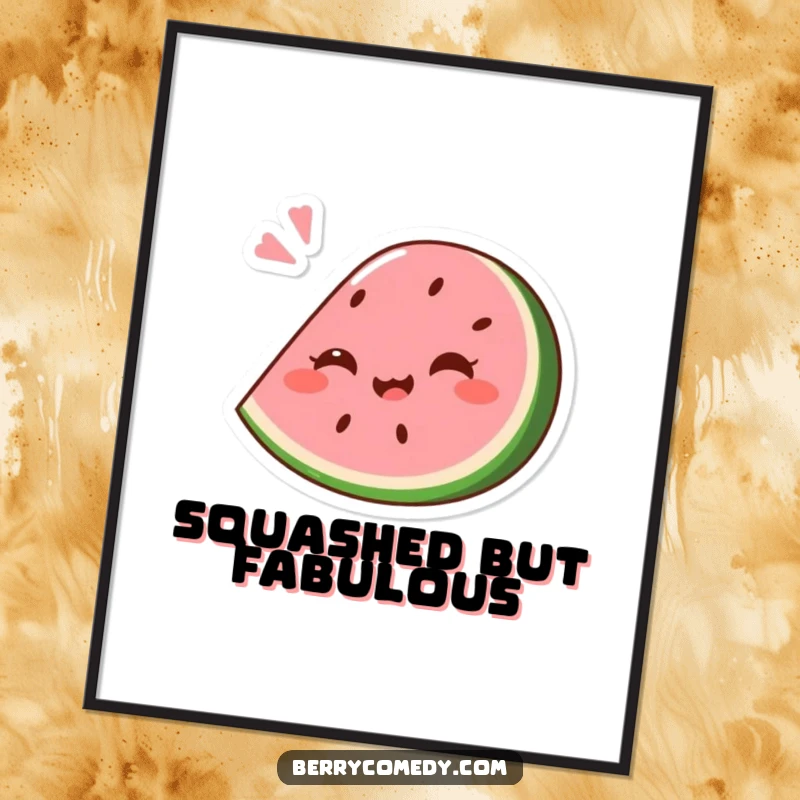 Funny poster showcasing a giggling pink watermelon wedge comically squashed slightly from a playful bounce, capturing a hilarious summer scene.