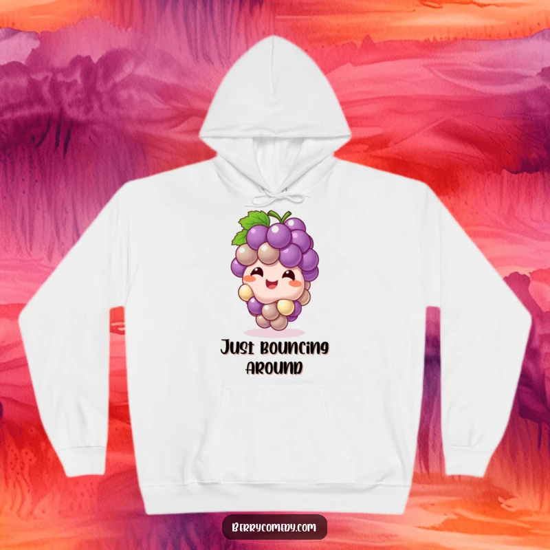 Funny hoodie featuring a giggling grape cluster bouncing playfully like a ball, radiating infectious joy and lighthearted energy.