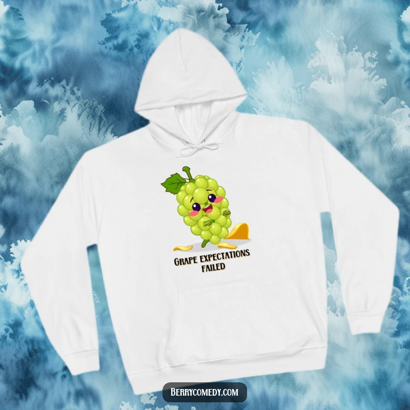 Funny hoodie art of a jolly green grape character comically tripping over a banana peel, perfect for cozy, humorous wear.