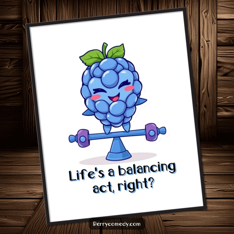 Funny Free Printable Wall Art: A mischievous blue raspberry character winking while perfectly balancing on a teeter-totter.