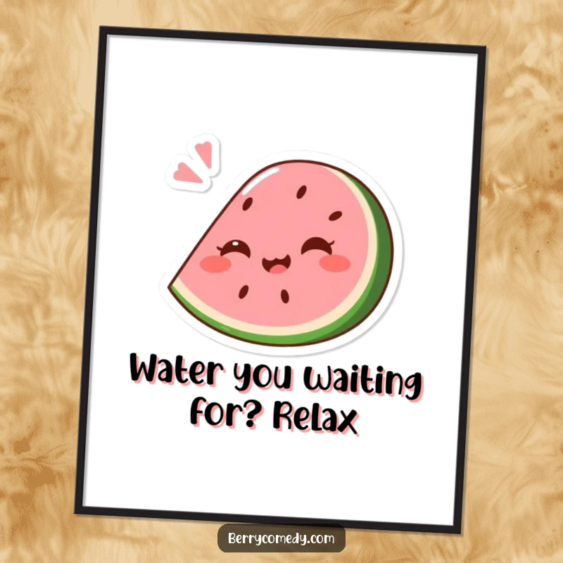 Funny Free Printable Wall Art: A giggling pink watermelon wedge comically squashed slightly under a playful bounce, full of joy.