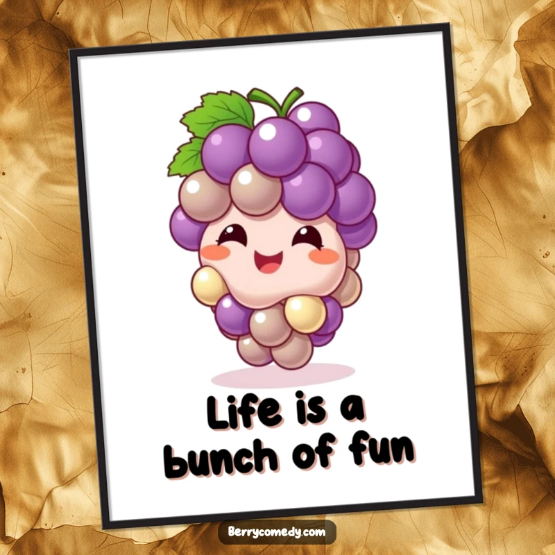 Funny Free Printable Wall Art of a grape cluster character giggling and bouncing playfully like a ball, a downloadable cheerful decor piece.