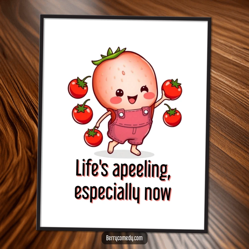 Funny Free Printable Wall Art: A happy strawberry in overalls comically juggling red cherry tomatoes, adding cheer.