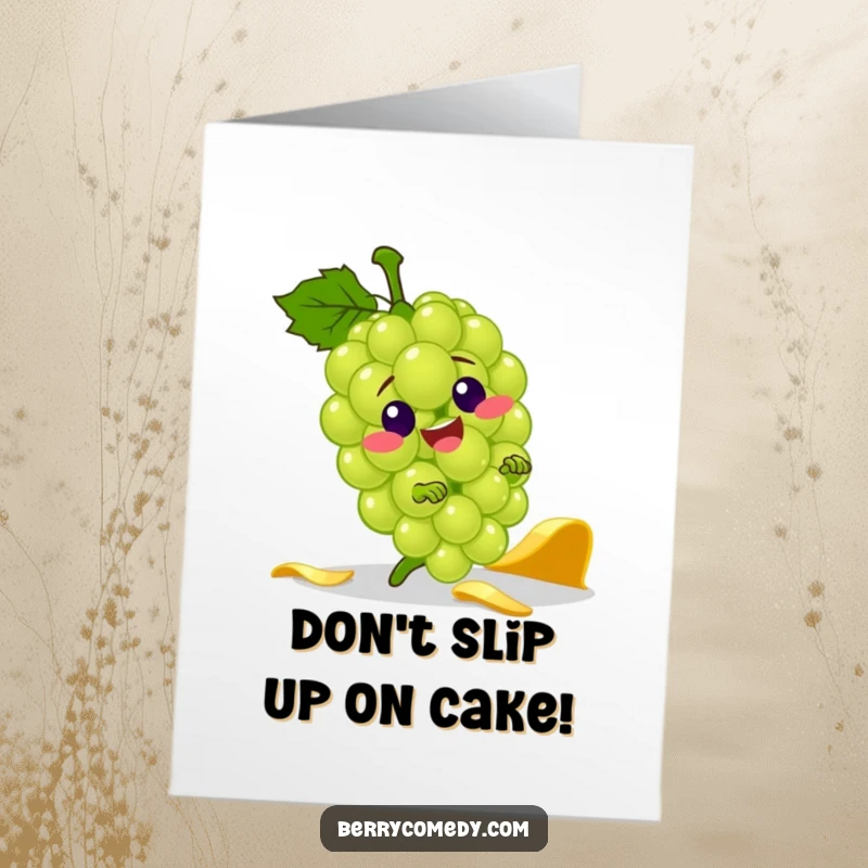 Funny Free Printable Birthday Card: A jolly green grape character comically tripping over a banana peel, mid-fall.