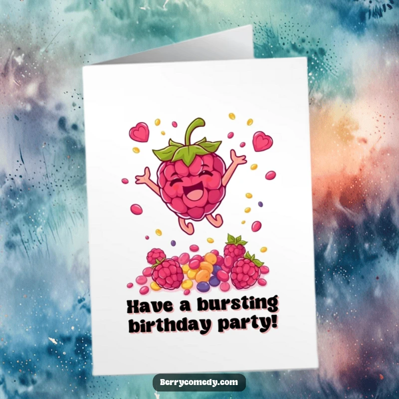 Funny Free Printable Birthday Card of a delighted raspberry leaping high and showering colorful seeds, a downloadable explosion of festive joy.