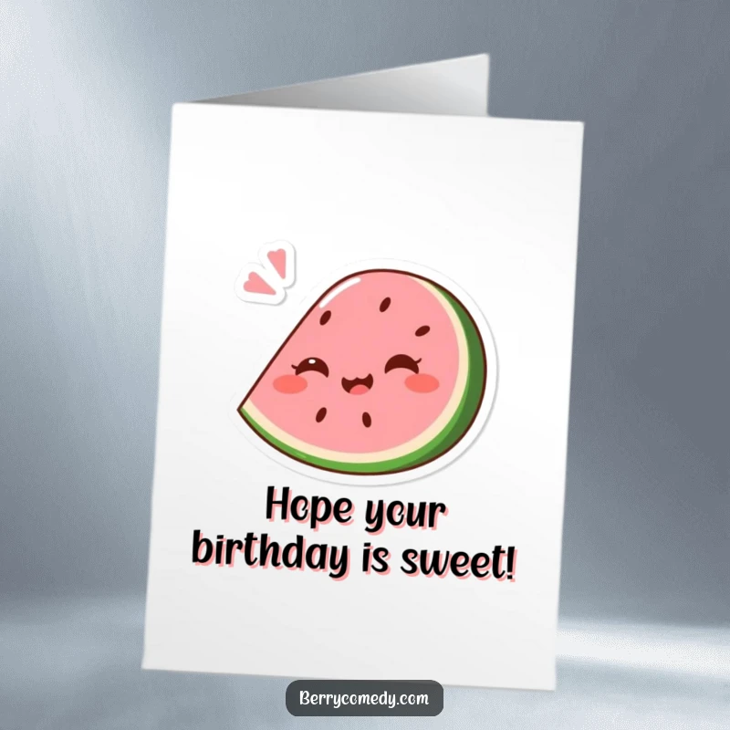 Funny Free Printable Birthday Card: Pink watermelon wedge giggling comically while being squashed slightly by a playful bounce.