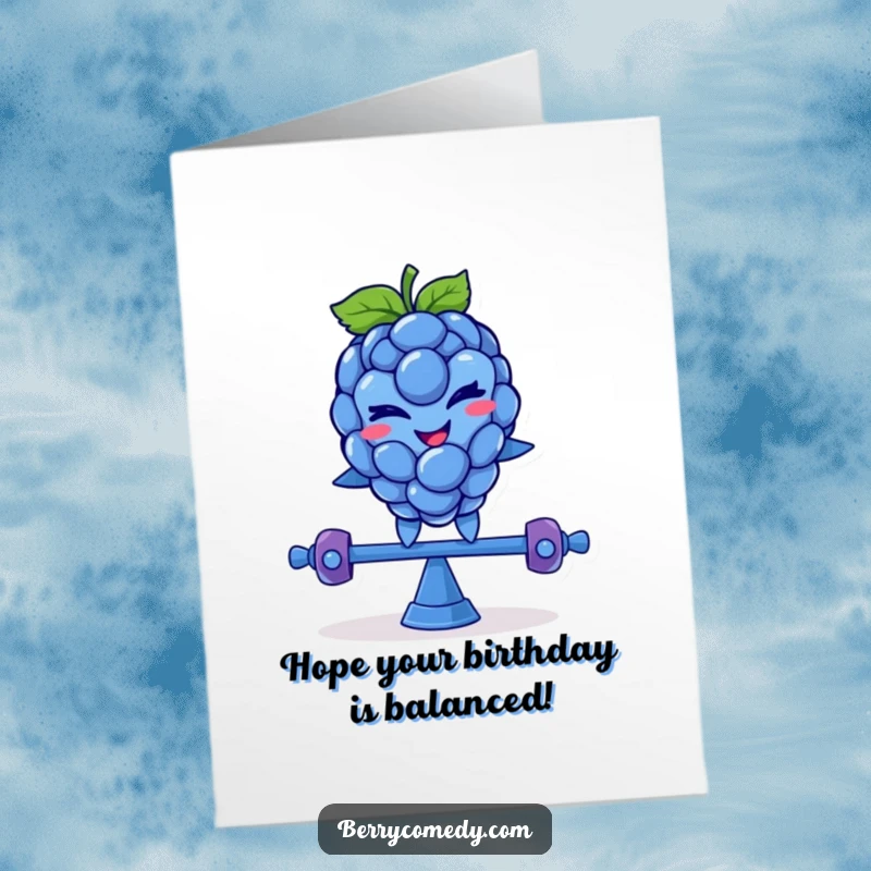 Funny Free Printable Birthday Card: Blue raspberry character winking mischievously while balancing on a teeter-totter.