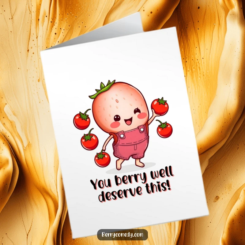 Funny Free Printable Congrats Card: Cheerful fruit character in overalls juggling tomatoes, sending happy wishes.