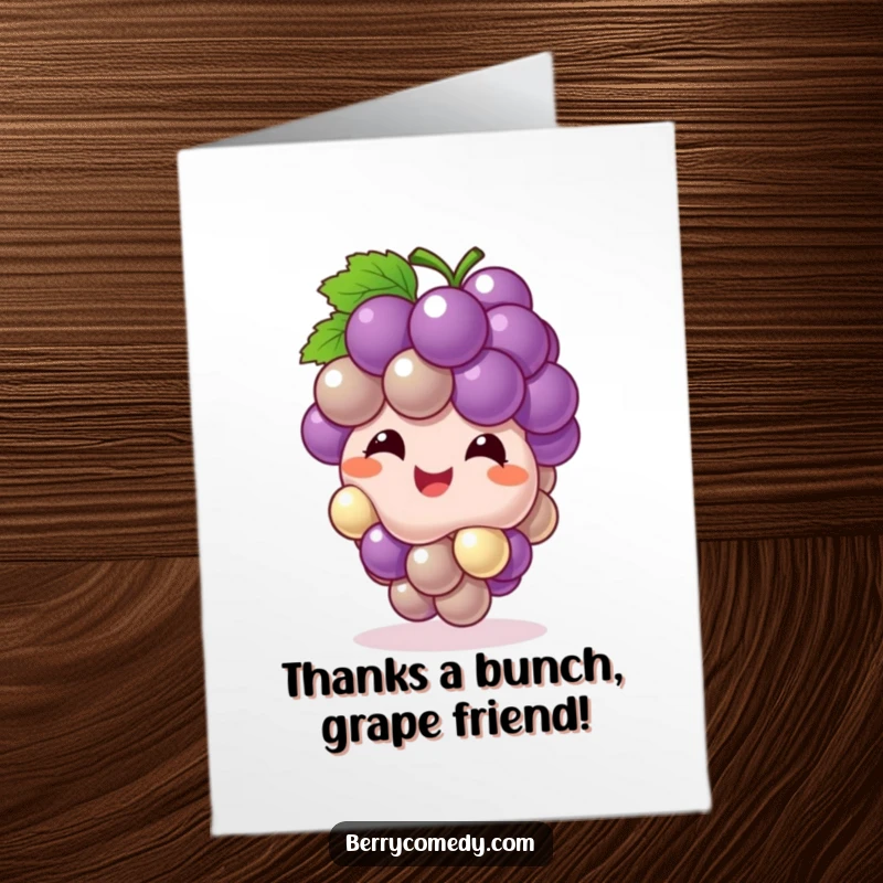 Funny Free Printable Thank You Card of a grape cluster giggling while bouncing like a ball, a downloadable expression of cheerful thanks.