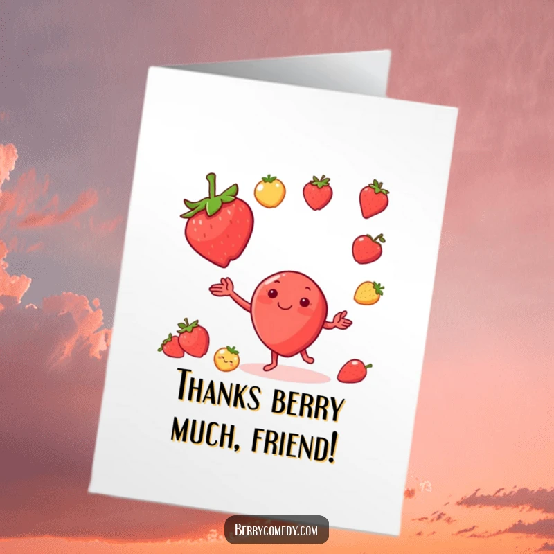 Funny Free Printable Thank You Card featuring a smiling strawberry expertly juggling miniature fruits, a unique downloadable expression of gratitude.