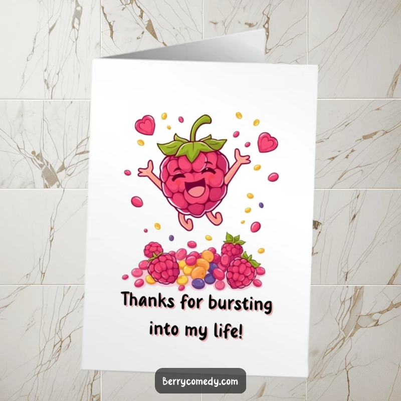 Funny Free Printable Thank You Card of a raspberry leaping high, showering seeds symbolizing gratitude, a unique downloadable thank you.