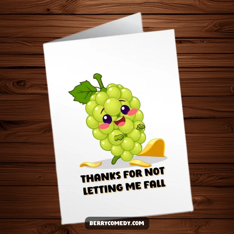 Funny Free Printable Thank You Card: Green grape character comically tripping over a banana peel, expressing thanks.
