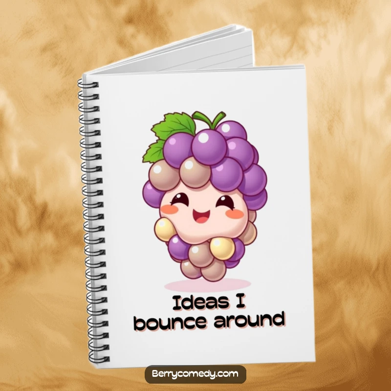Funny notebook cover featuring a giggling grape cluster bouncing playfully, perfect for jotting down cheerful and bubbly thoughts.