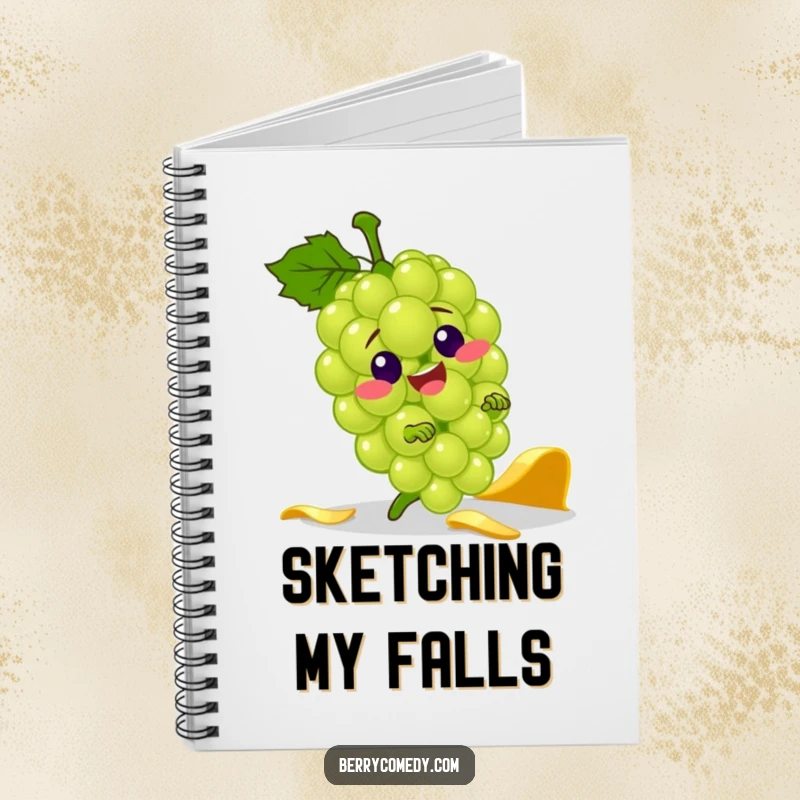 Funny notebook with a jolly green grape character comically tripping over a banana peel, perfect for notes and chaotic ideas.