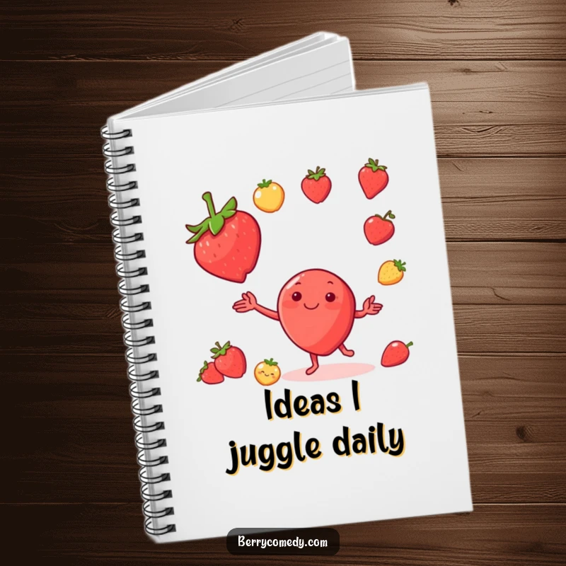 Funny notebook cover displaying a cheerful strawberry character juggling small fruits, perfect for creative minds and humor lovers.