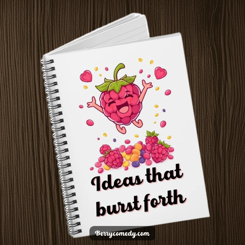 Funny notebook cover featuring a delighted raspberry leaping and showering seeds, perfect for capturing energetic thoughts and ideas.