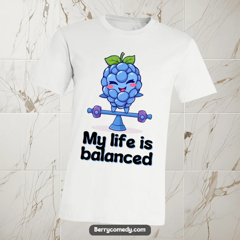 Funny T-shirt featuring a smiling blue raspberry character with a mischievous wink, humorously balancing on a teeter-totter with confidence.